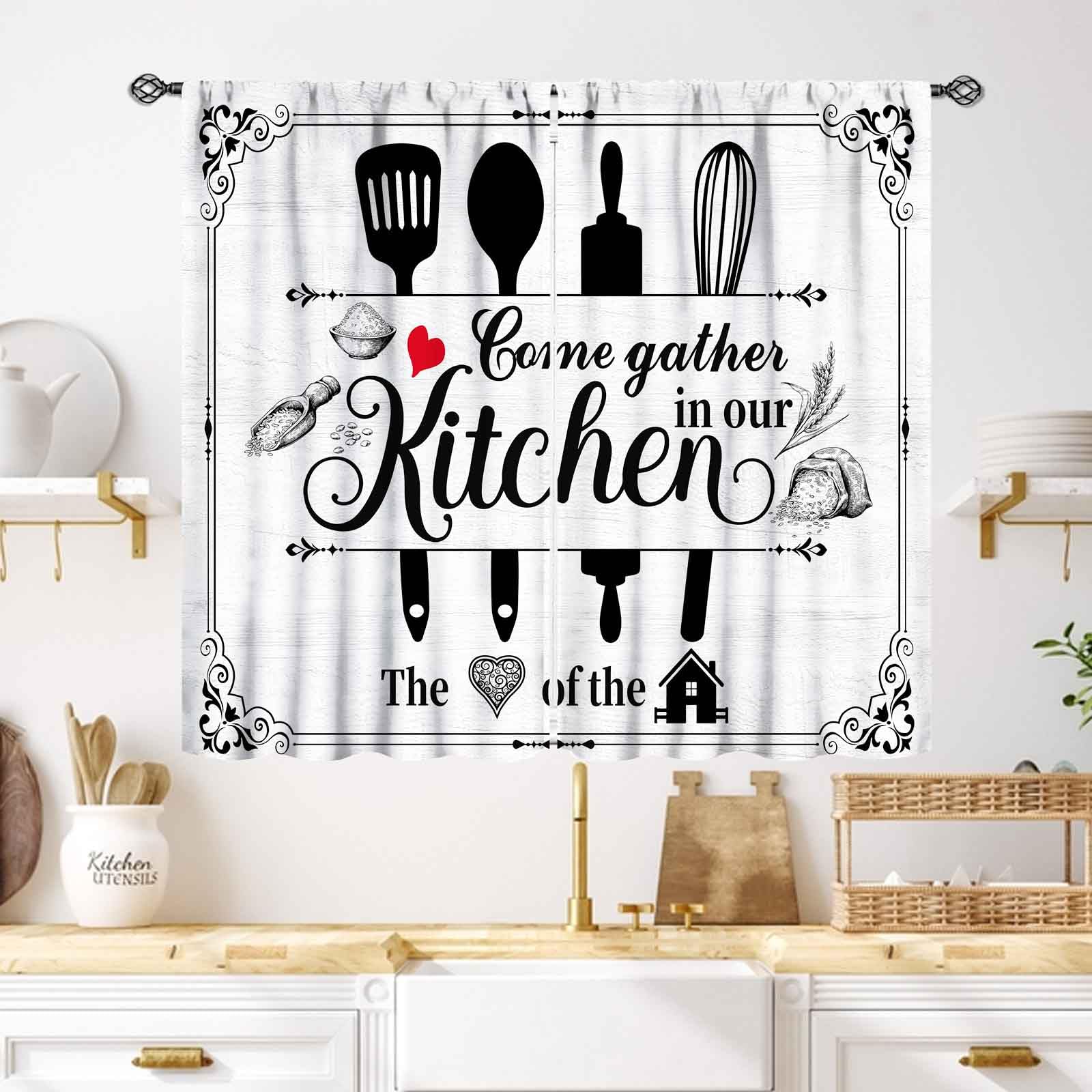 Farmhouse Kitchen Curtains,Rustic Black White Wooden Plank Wood Knife and Spoon Rod Pocket Country Farm Window Treatment for Bedroom Living Room,55X39