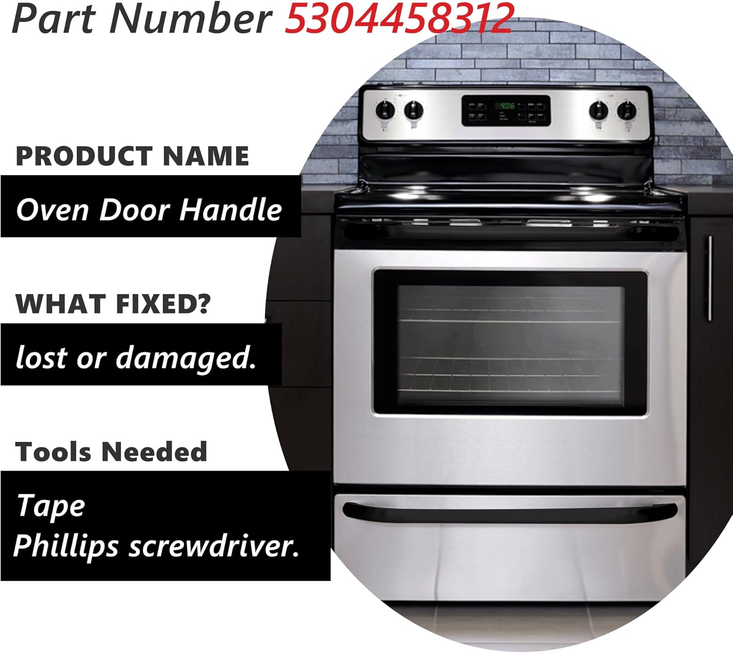 5304458312 Oven Door Handle Appliance Replacement Compatible with Kenmore Electrolux Frigidaire Fit for Kitchen Range Stove with 2 316433300 Oven Door Handle Screws