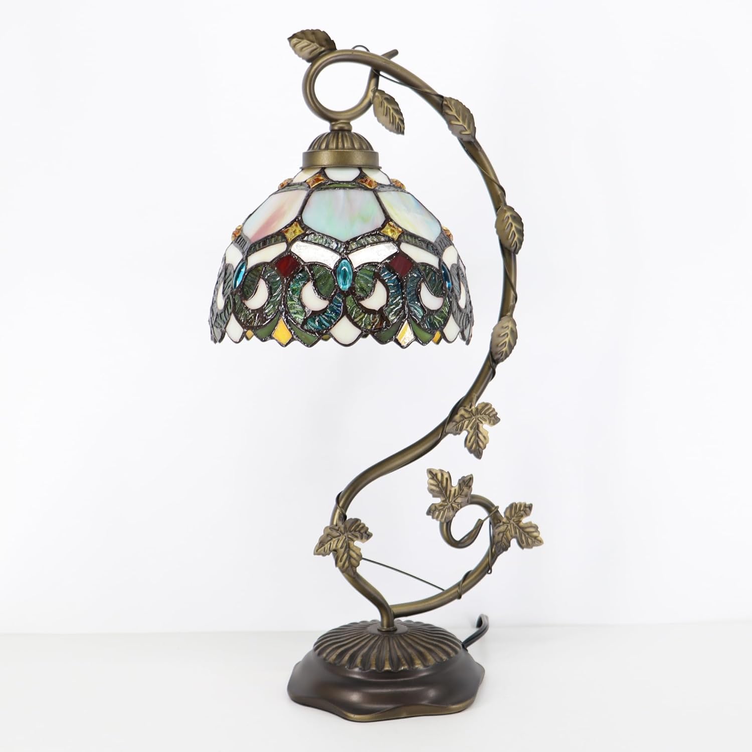 Tiffany Table Lamp, Stained Glass Desk Reading Light,Metal Leaf Table Lamp Base 8X10X21 Inches (Seven Color Baroque)