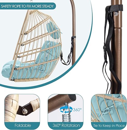 Miniatura 5 de Silla colgante de mimbre con soporte para porche Hamaca resistente a los rayos UV con estructura de aluminio, 350 libras de capacidad, para balcón,
