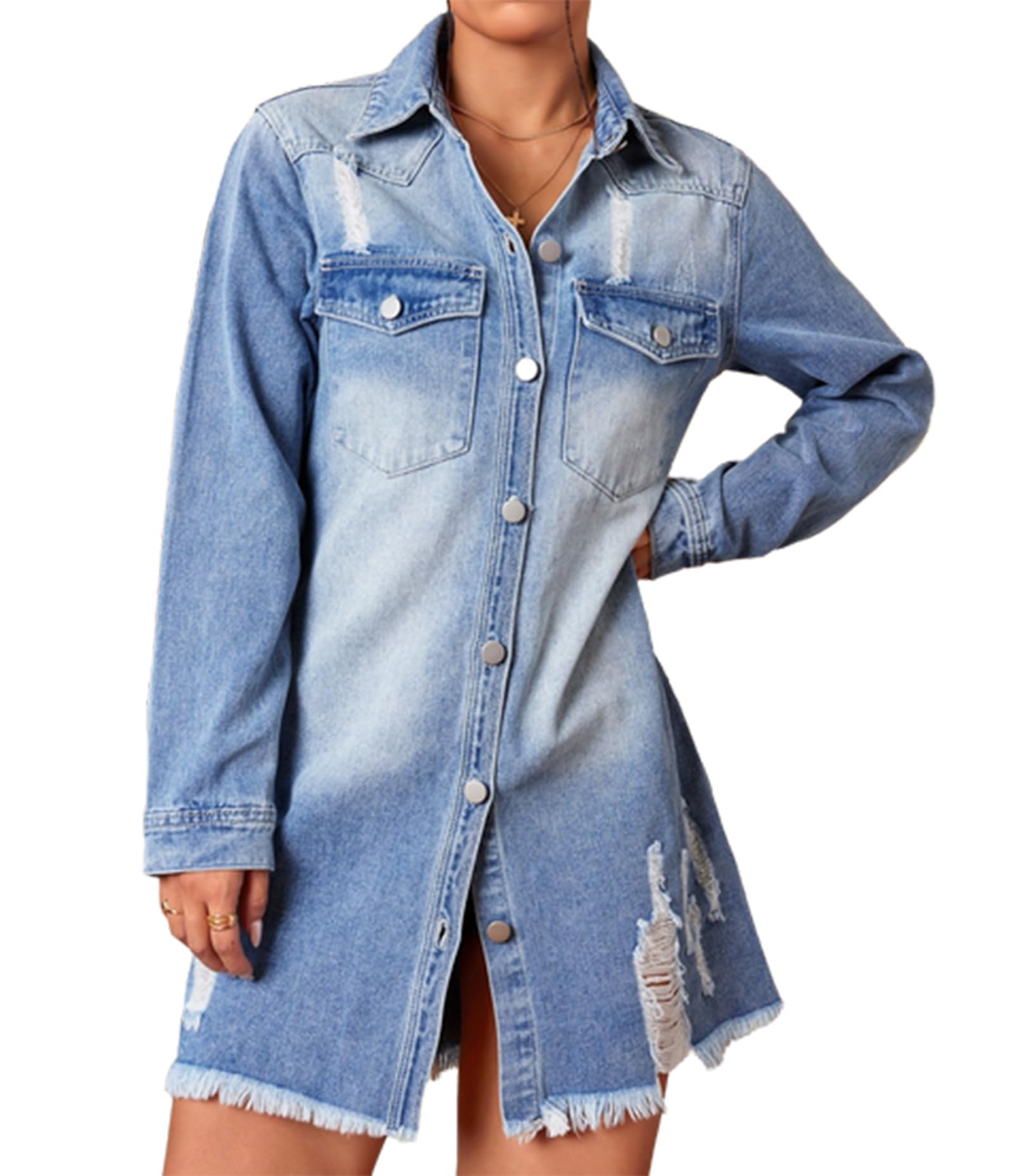 cffdviz Giacche di Jeans Strappate Casual da Donna Camicia Oversize A Maniche Lunghe con Bottoni