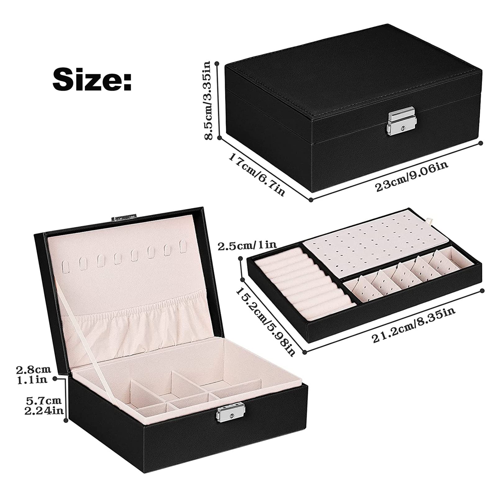 SYCARON 2023 Upgraded Jewelry Organizer Box for Women Girls, Large Travel Jewellry Organizer Case 2 Layer PU Leather Soft Lining with Lock for Rings Earrings Necklace Bracelets, Black