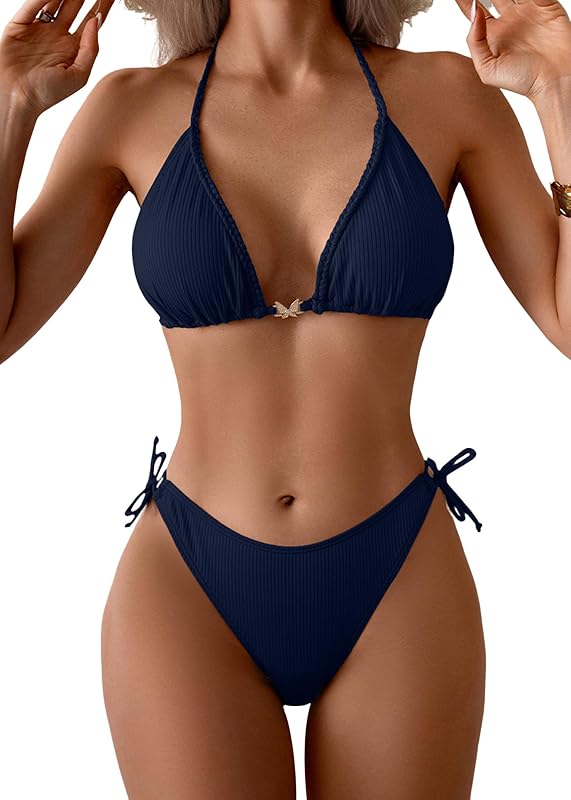Eomenie Womens Ribbed Bikini Set Sexy Halter Triangle Top Swimsuit