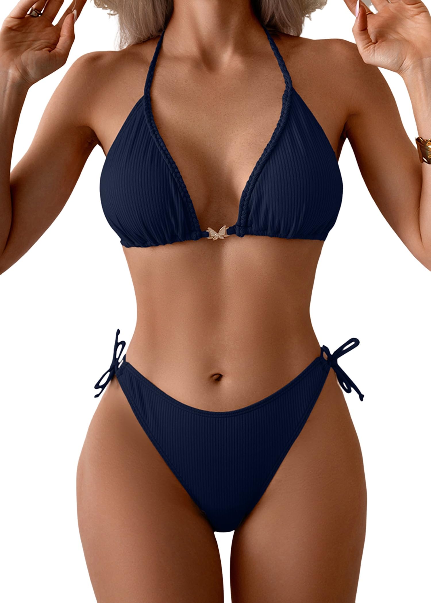 eomenie Women Sexy Halter Neck Triangle Top Two Piece Swimsuit Side Lace Up Bikini Set-picture-35