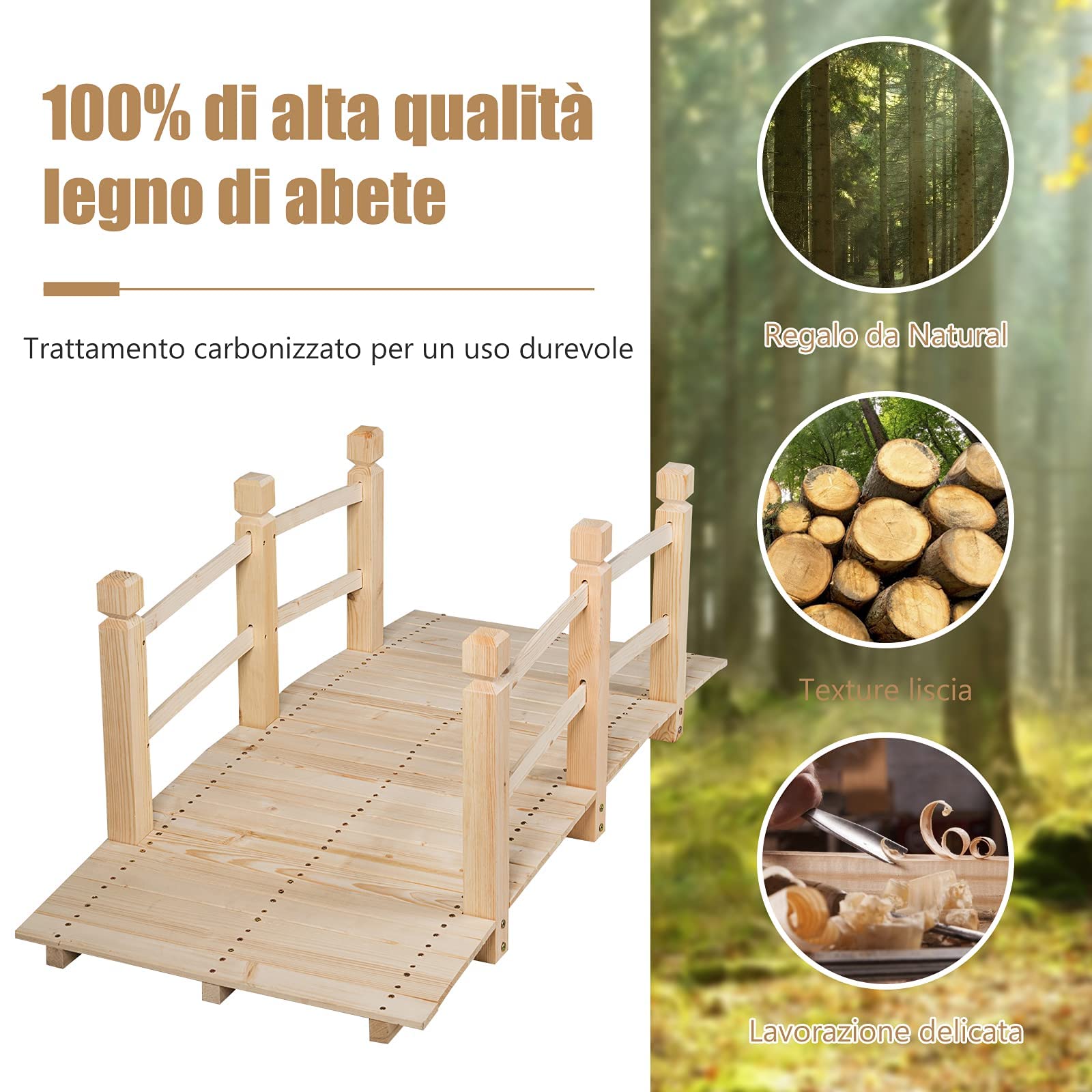 GYMAX Ponte da Giardino in Legno Lungo 150cm，Ponte Paesaggio Antico, Decorazione per Esterno (Naturale)