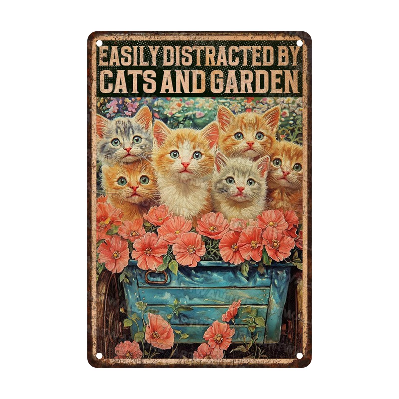 Anceky Tin Sign Funny Easily Distracted By Cats And Garden Metal Sign Wall Decor for Living Room Kitchen Home Bar Cafe 12×16 Inch