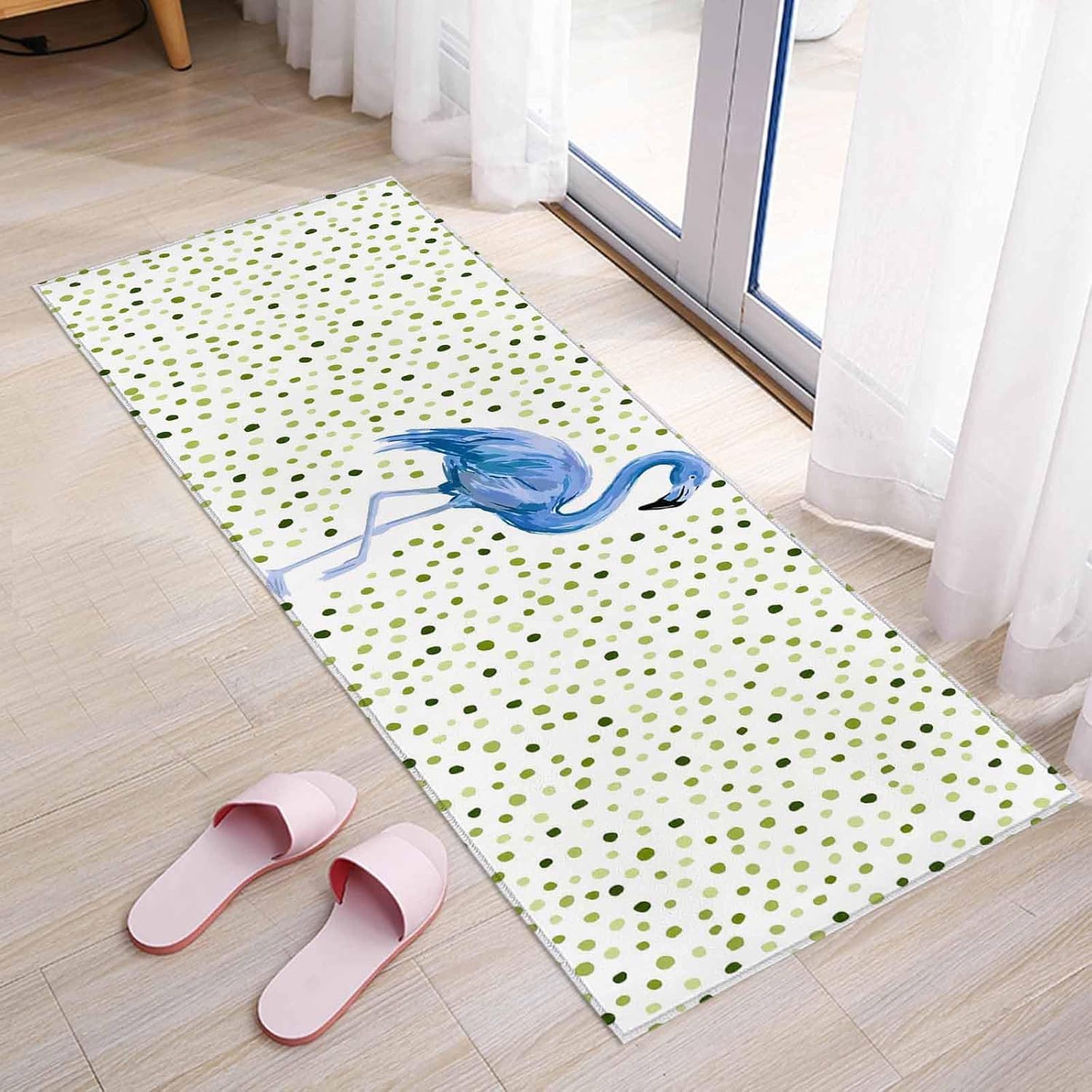 Teamery Kitchen Mats for Floor Watercolor Blue Flamingo Washable Non Slip Kitchen Rugs 1PCS, Tropical Animal Green Polka Dot Absorbent Standing Mats for Sink Bathroom Office Living Room 15.7x47.2in
