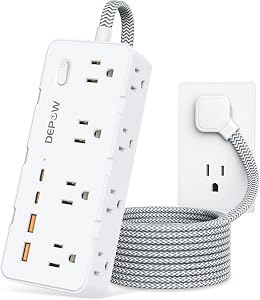 DEPOW Power Bar Surge Protector with 5FT Braided Flat Extension Cord, Wall Mount Charging Station with 8 Outlets 4 USB Ports(2 USB C), Ultra Thin Flat Plug for Home Office, Dorm, Hotel, Travel