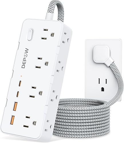 Regleta protectora contra sobretensiones, cable de extensión trenzado de 5 pies con múltiples tomas, 8 salidas de CA, 4 puertos USB (2 USB C),