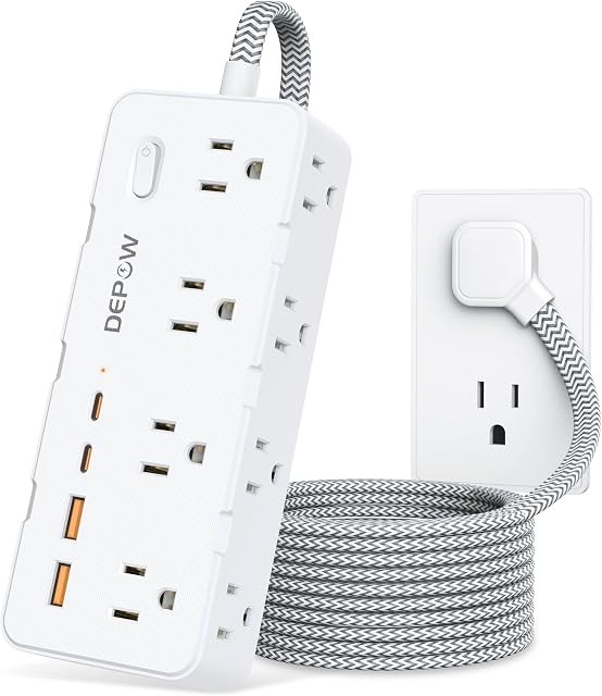 DEPOW Protecteur de surpression de barre de puissance avec 5FT Cord d'extension plat tressé, station de recharge murale avec 8 Sorties 4 USB Ports(2 USB C), Ultra Plug plat mince pour le bureau à domicile, Dorm, Hôtel, Voyage