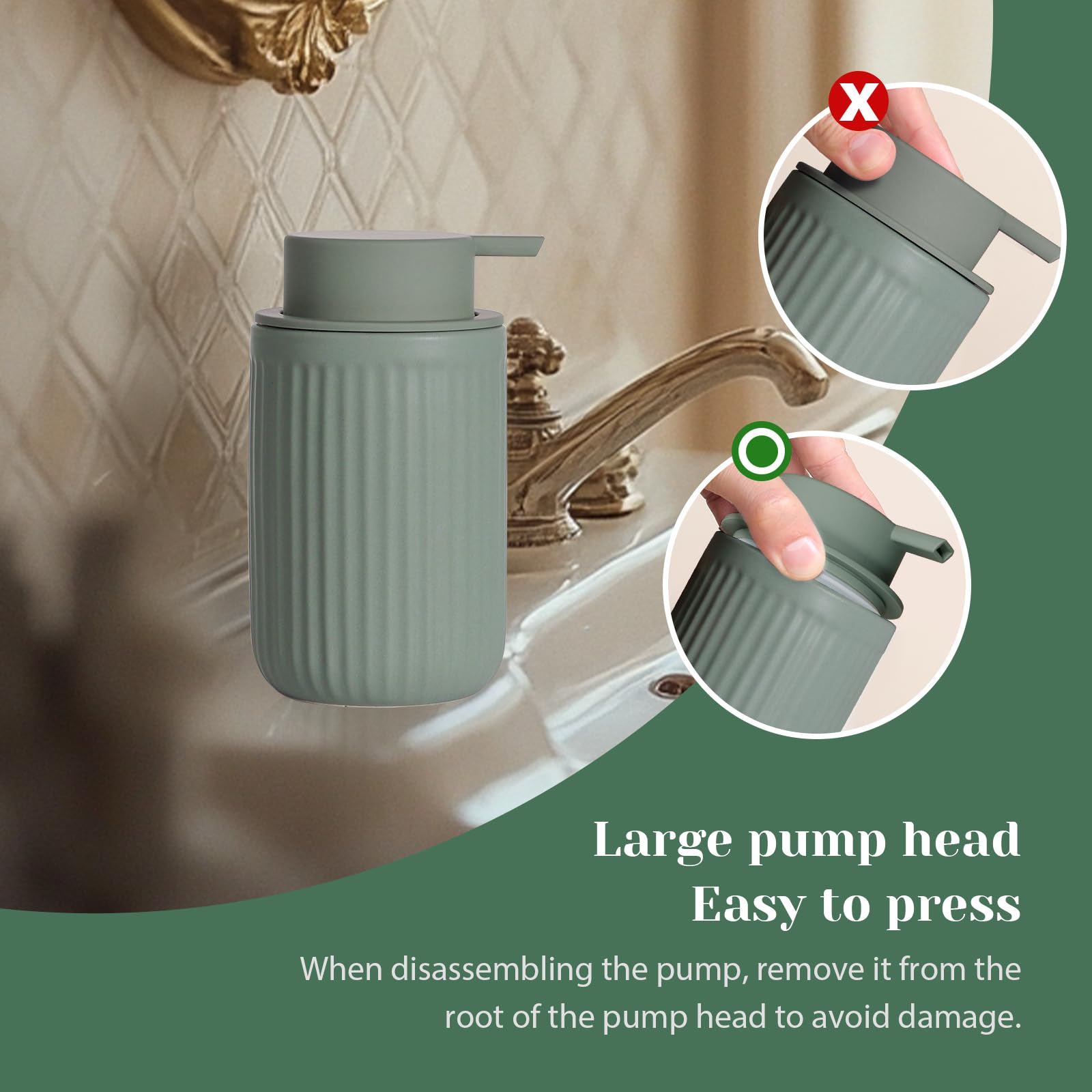 INGOFIN Dispensador de jabón espumoso de cerámica, dispensador de jabón de manos de espuma verde mate de 12 onzas, dispensador de jabón de cerámica moderno con bomba para cocina