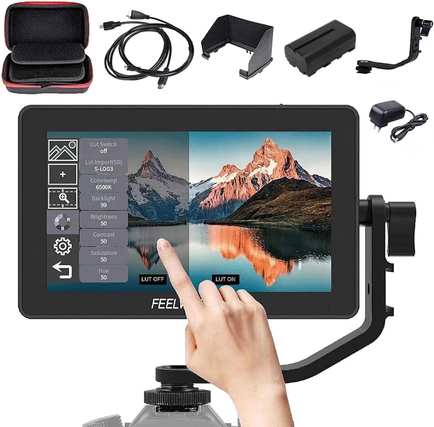 Feelworld F6 Plus V2 Camera Monitor 4K HDMI 1920x1080 6 Inch 3D LUT Touch Screen IPS FHD Support Field Monitor On DSLR IncludeTilt Arm And Adapter 12V (F6 Plus 5.5'' With Battery And Charger)