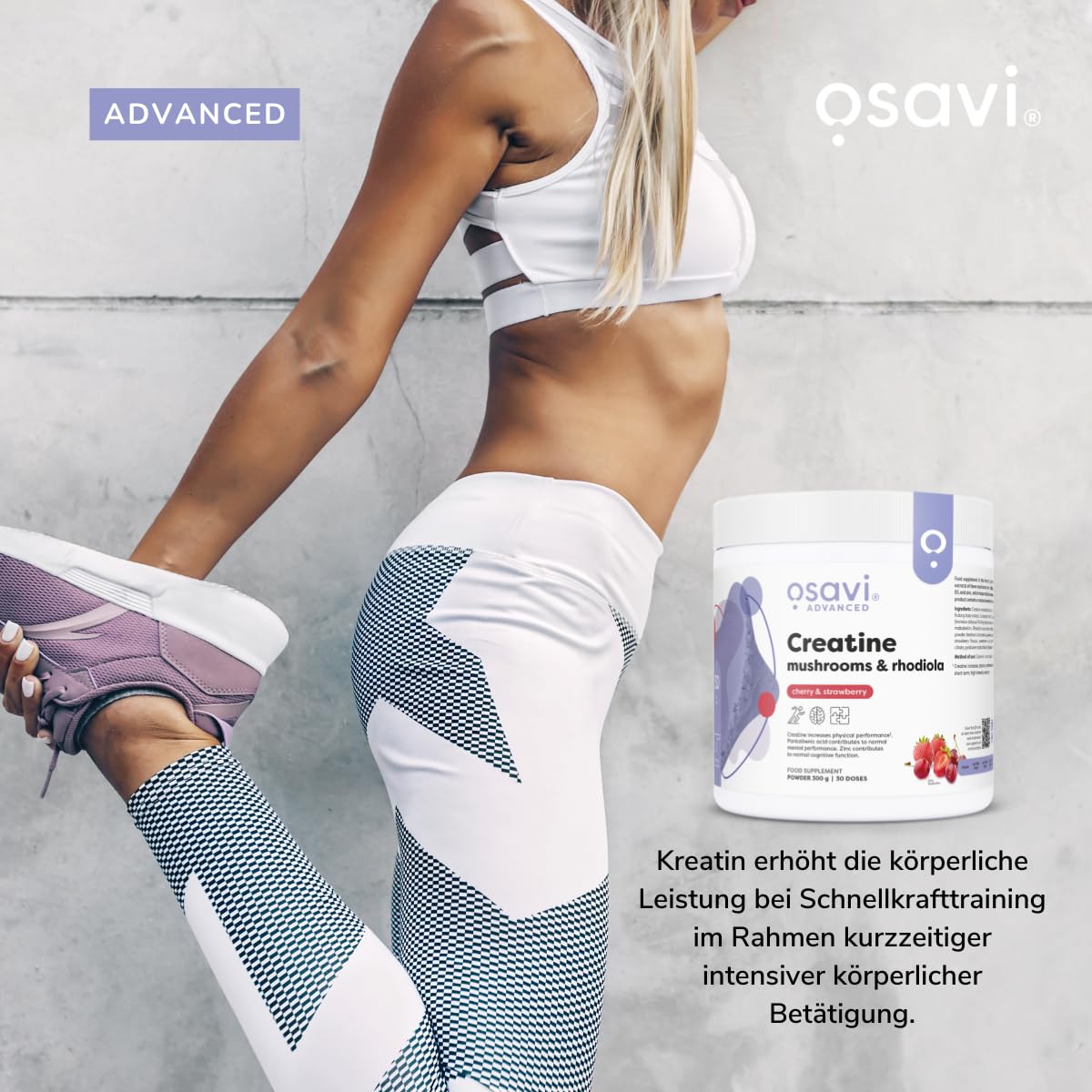 Osavi Kreatin + Pilze & Rhodiola – 300 g Pulver | Kirsche & Erdbeere | Mit Löwenmähne, Cordyceps & Chaga | Steigert die Leistung bei kurzen, intensiven Belastungen | Vitamin B6, B5 & Zink