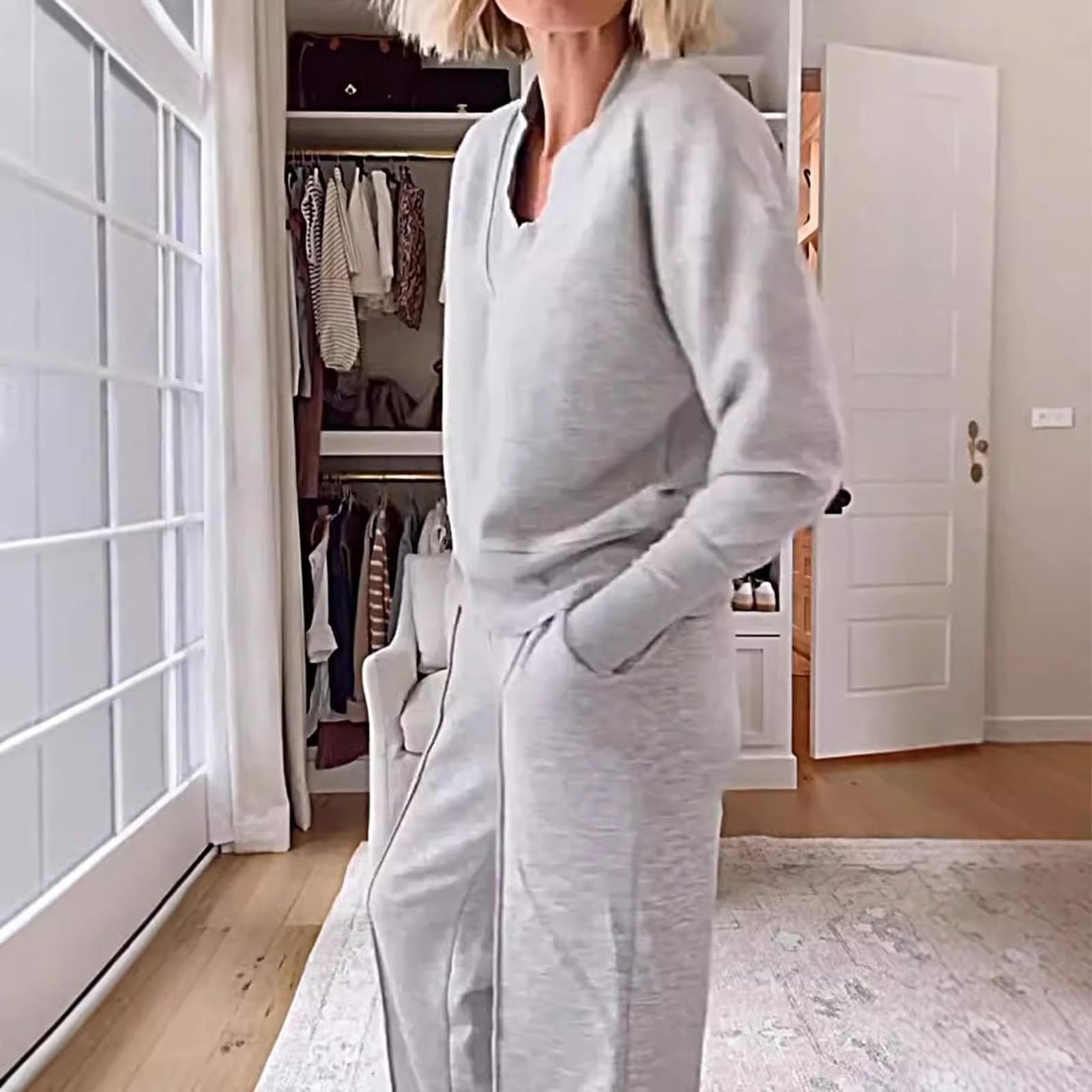 Conjunto de Dos Piezas de Top y pantalón con Escote en V de Color Liso para Mujer, Conjuntos Casuales de Mujer con Pantalones Largos de Pierna Ancha, Conjunto de salón de otoño (XXL,Claret)