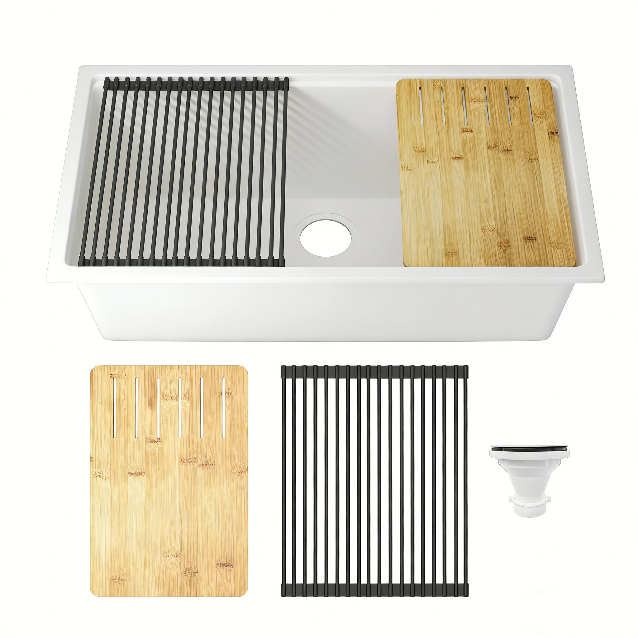 DeerValley White Undermount Kitchen Sink 33 Inch, Single Bowl Granite Composite Kitchen Sink Basin with Workstation Accessories