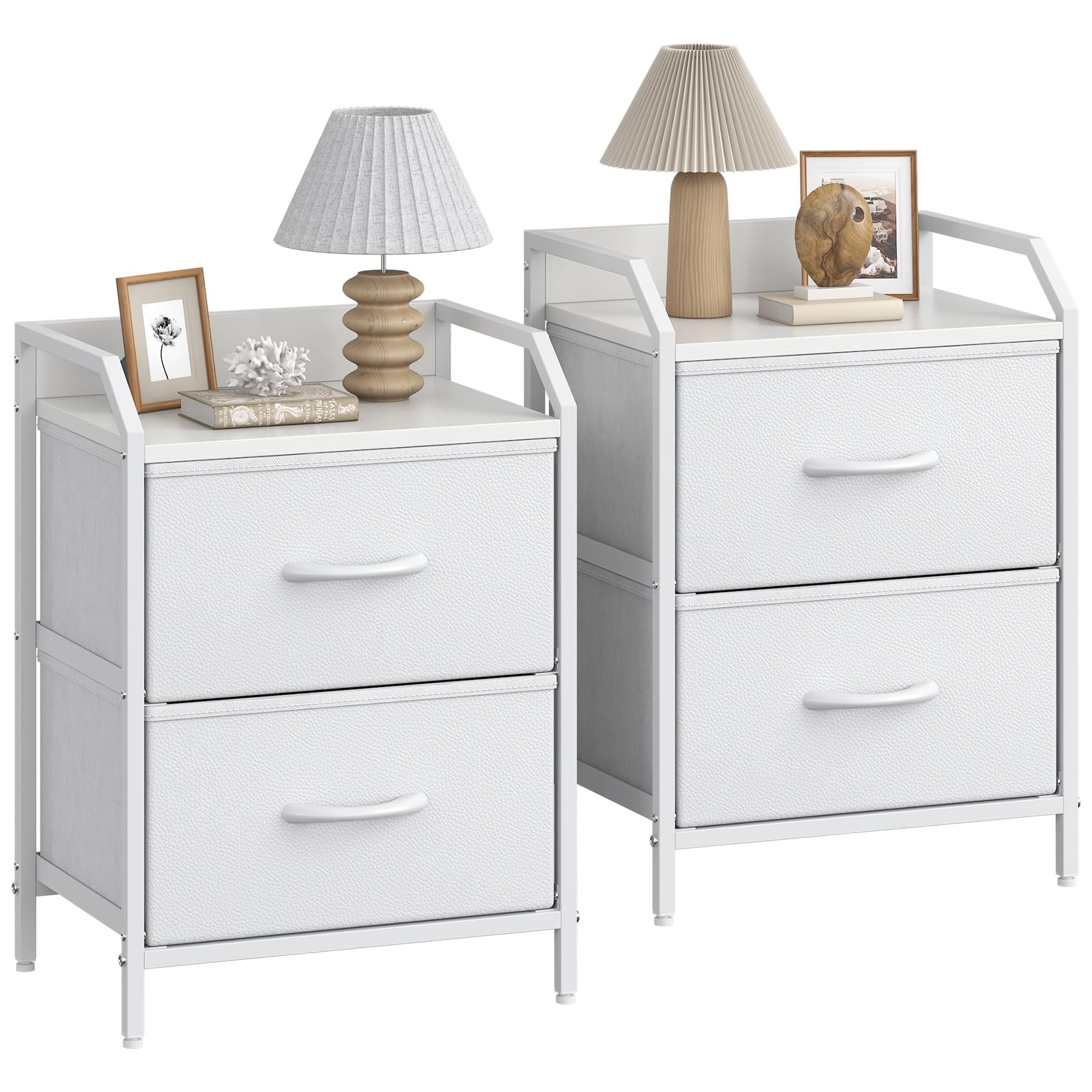 GoaHi White Bedside Tables, Bedside Cabinets Set of 2, Nightstand With Large Capacity Fabric Bedside Drawers, Metal Frame With Wooden Top, 2 Drawer Storage Bed Side Table For Bedroom, White