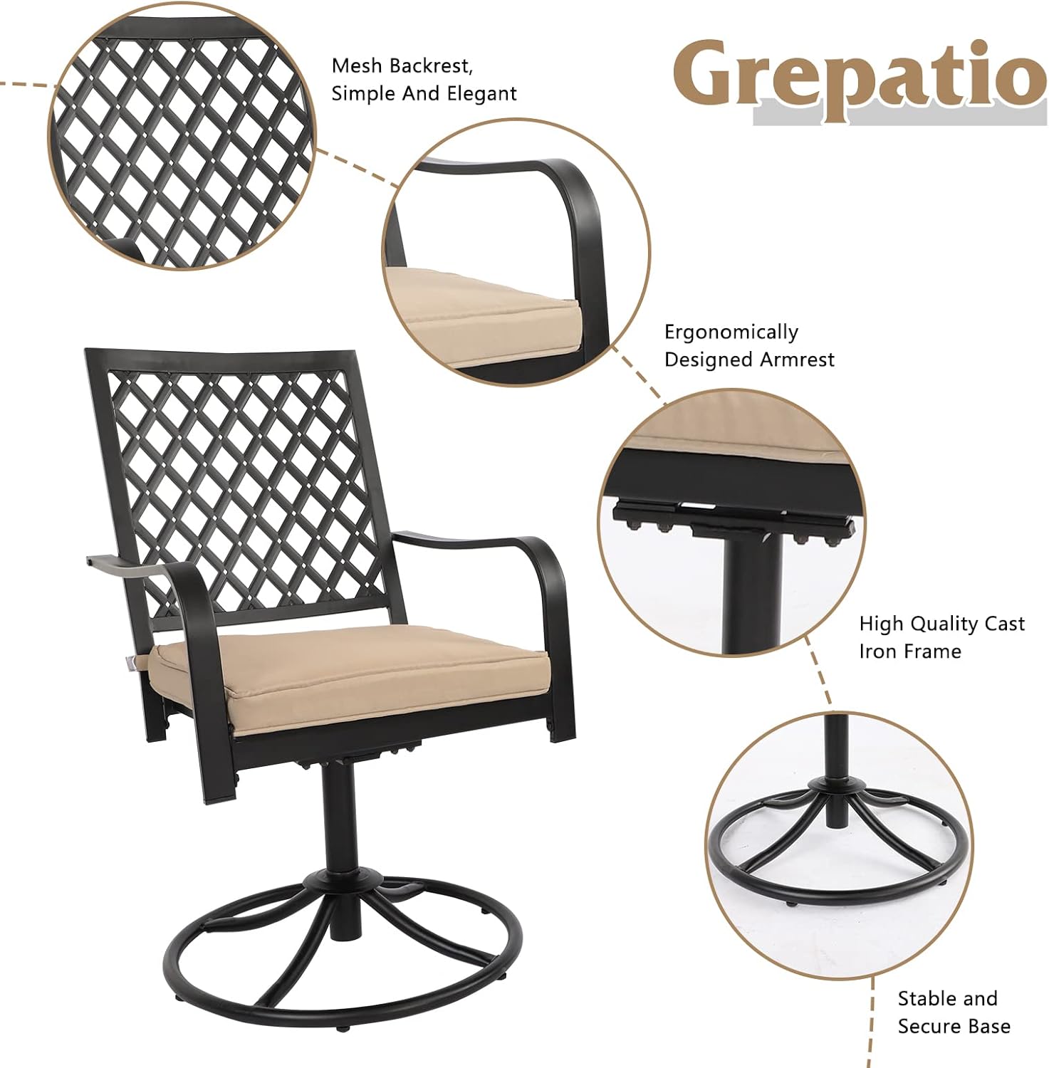 Grepatio 7-Piece Patio Dining Set - Outdoor Cast Iron Table and 2Pcs Swivel Chairs 4Pcs Stackable Chairs with 2" Umbrella Hole and Cushions for Porch, Poolside, Balcony : Patio, Lawn & Garden