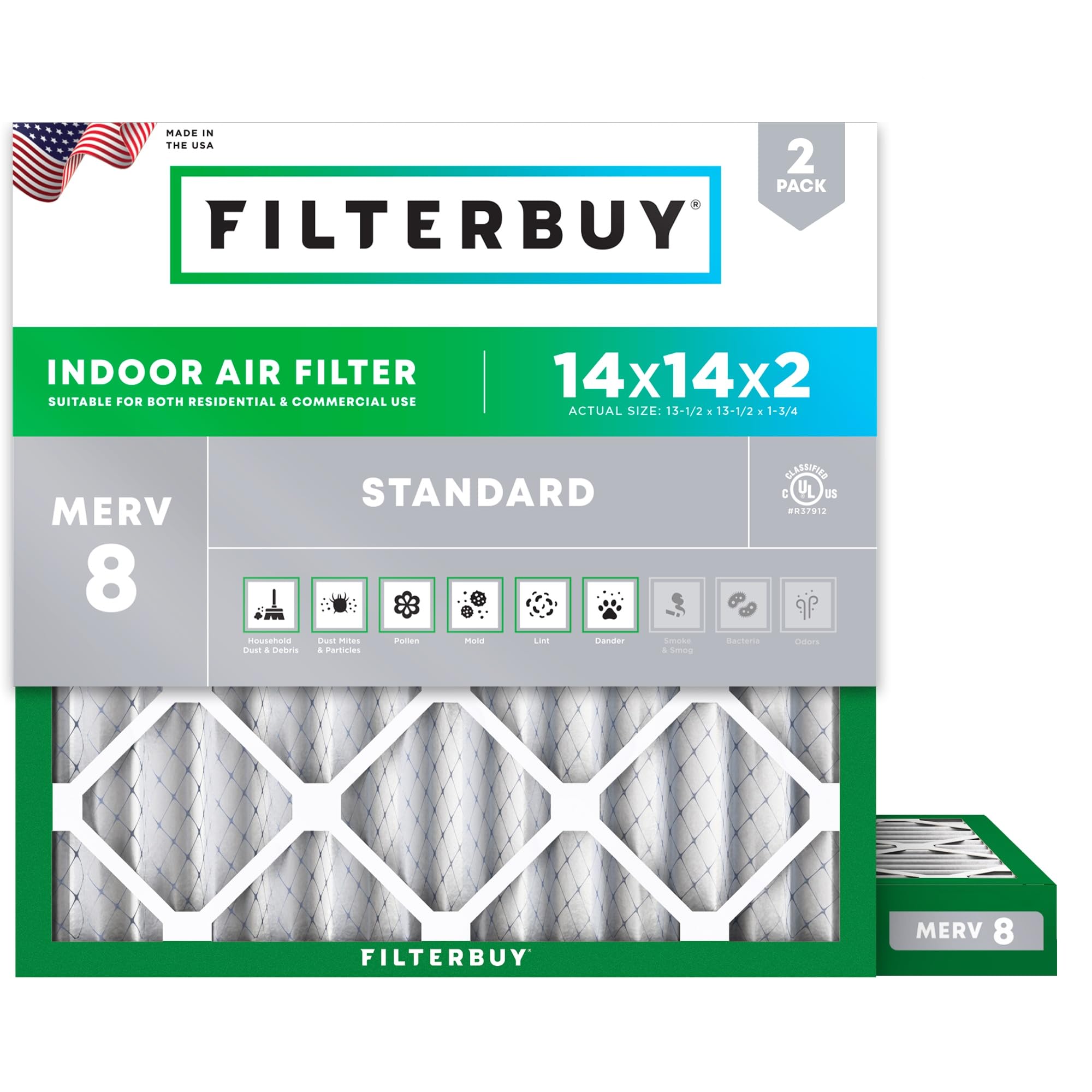 Filterbuy 14x14x2 Air Filter MERV 8 Dust &amp; Allergy Defense (2-Pack)