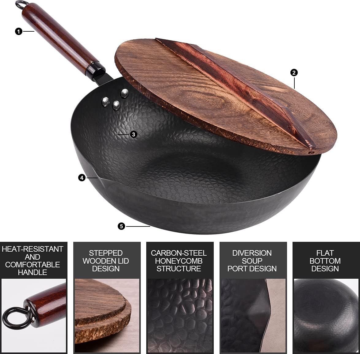 Leidawn 12.8" Carbon Steel Wok, 11 Pcs Woks & Stir Fry Pans Wok Pan with Lid view 2