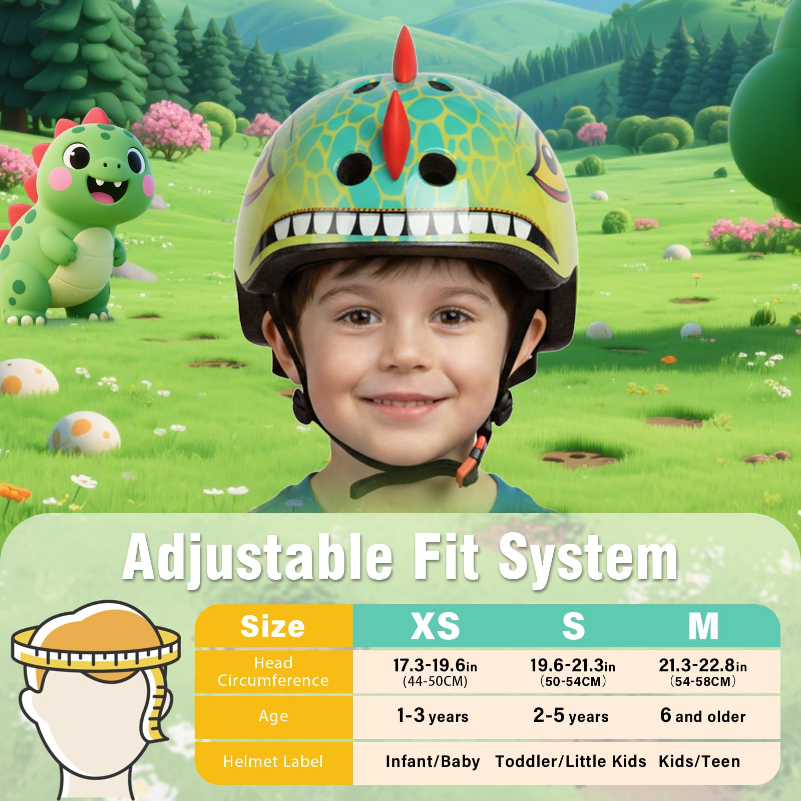Casco de Bicicleta para niños pequeños con diseño de Dinosaurio, Ajustable y Ligero para niños y niñas, Casco multideportivo para Bicicleta, Scooter, monopatín, 2 tamaños, Desde niños pequeños hasta