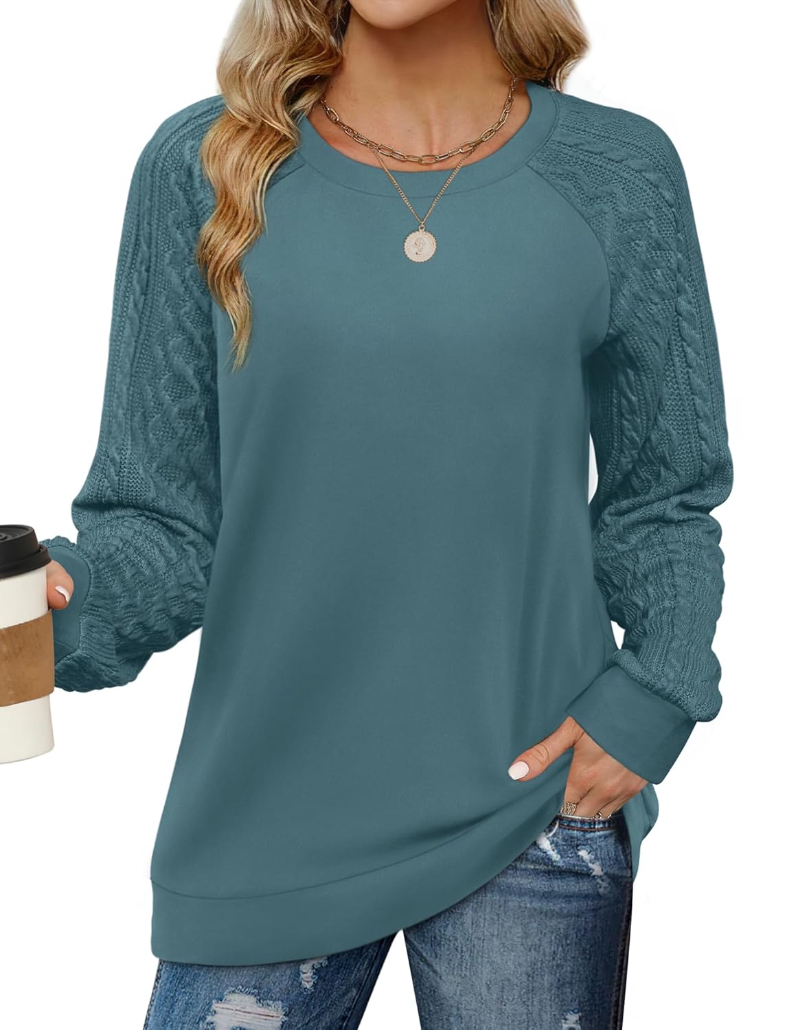 Saloogoe Sweatshirts for Women Crewneck Cable Knit Sleeve Sweaters Lightweight Fashion 2025
