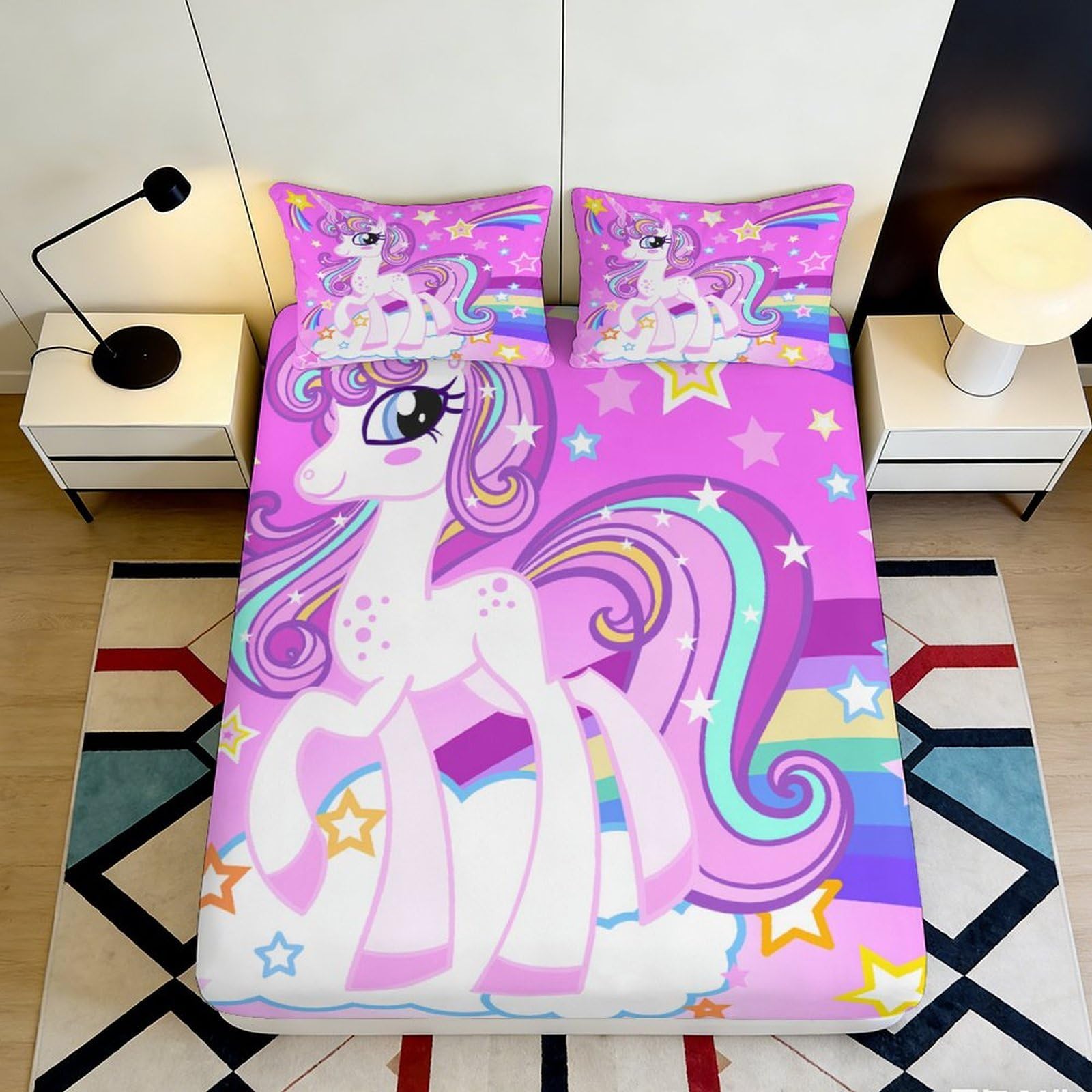 3D Printed Unicorn Rainbow Fitted Sheet Microfiber Pink Cartoon Star Bed Cover for Bedroom Guestroom Decor 90x200x25cm