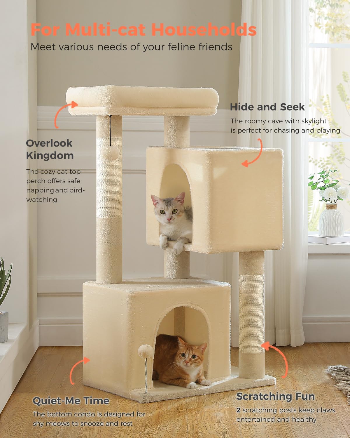 XL Cat Tree 44" Cat Tower for Large Cats 20 lbs+, 2 Spacious Caves with 3.4" Thickened Scratching Post, Large Top Perch, 2 Interactive Toys, Beige