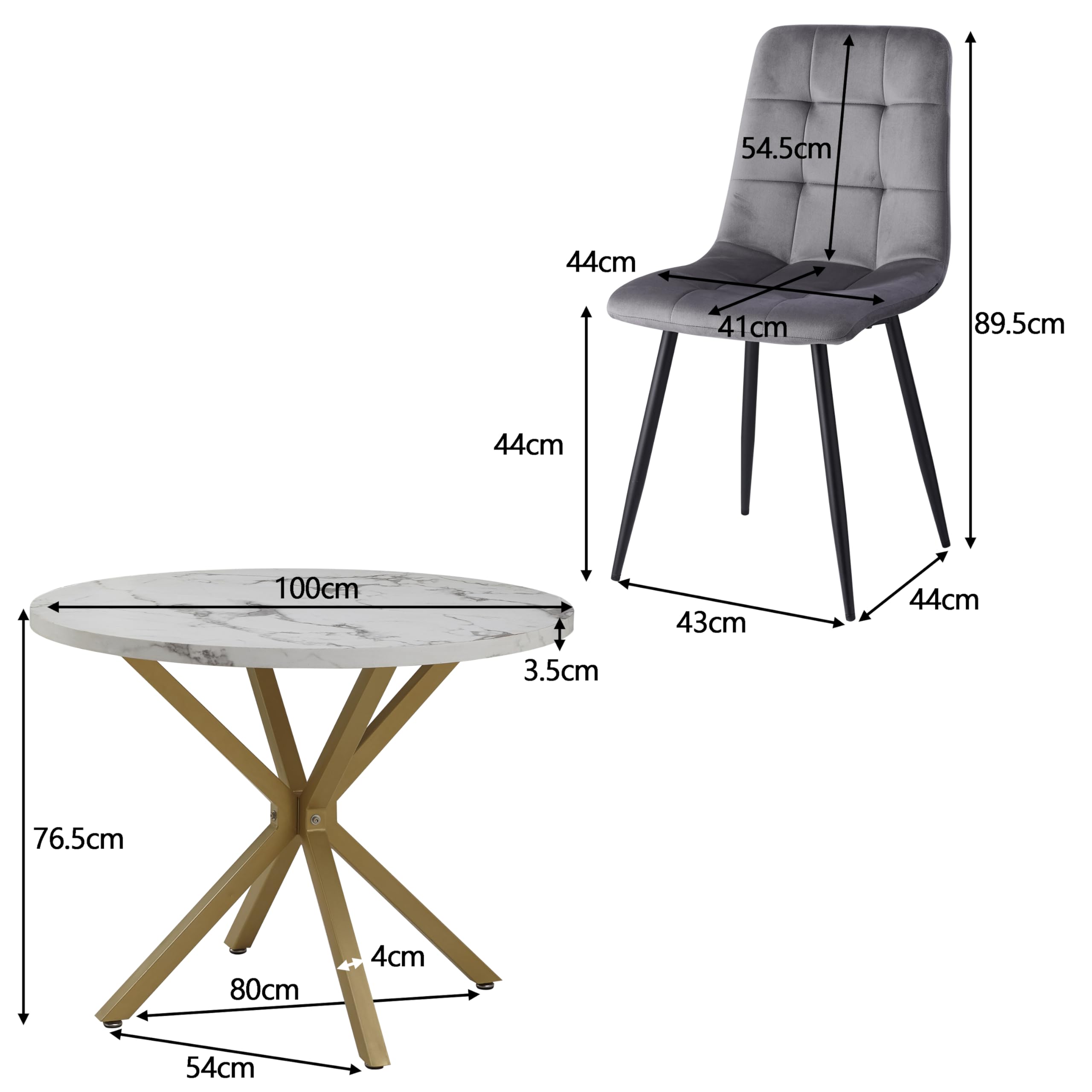 GrandCA HOME Conjunto de Mesa y Sillas de Comedor, 4 Sillas de Comedor de Terciopelo Holandés Gris y una Mesa de Comedor Redonda de 100 cm, Ideal para la Cocina y el Salón (Mármol Blanco 1)