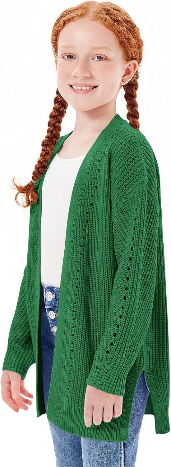 Haloumoning Girls Open Front Cardigan Sweaters Kids Fall Fashion Side Slit Outerwear 5-14 Years