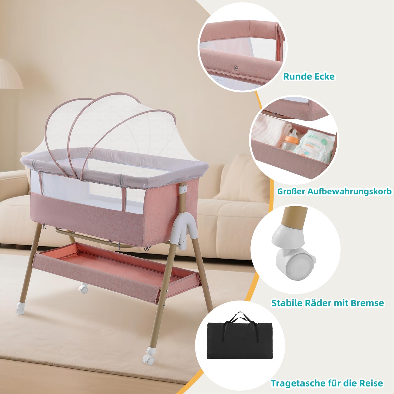 Beistellbett Baby 3 in 1 Tragbar Reisebett mit Matratze Höhenverstellbar Verstellbare Höhe & Neigung 6 abschließbare Räder Baby Co-Sleeper für Neugeborene Kleinkind Rosa