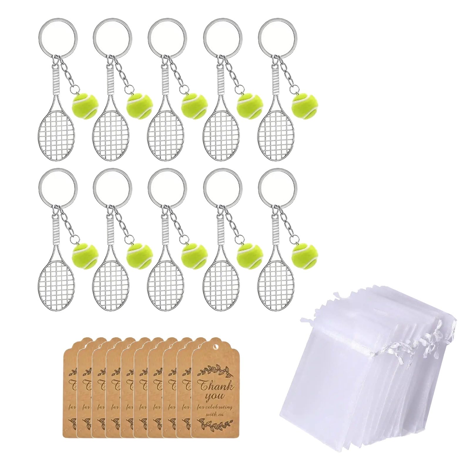 Tsophreniq 10Pcs Tennis Racquet Keychain with Organza Drawstring Bag Sports Themed Keyrings for Bags Backpacks Accessories Tennis Gift