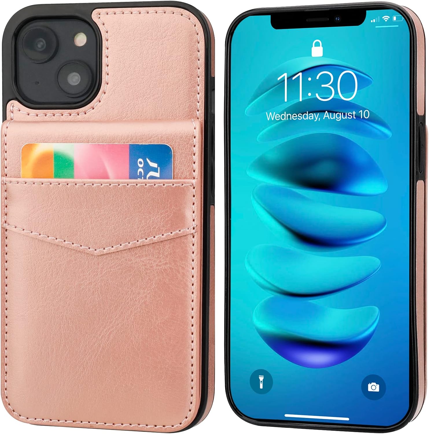 KIHUWEY Compatible with iPhone 14 Case Wallet with Credit Card Holder, Flip Premium Leather Magnetic Clasp Kickstand Heavy Duty Protective Cover for iPhone 14 6.1 Inch (Rose Gold)