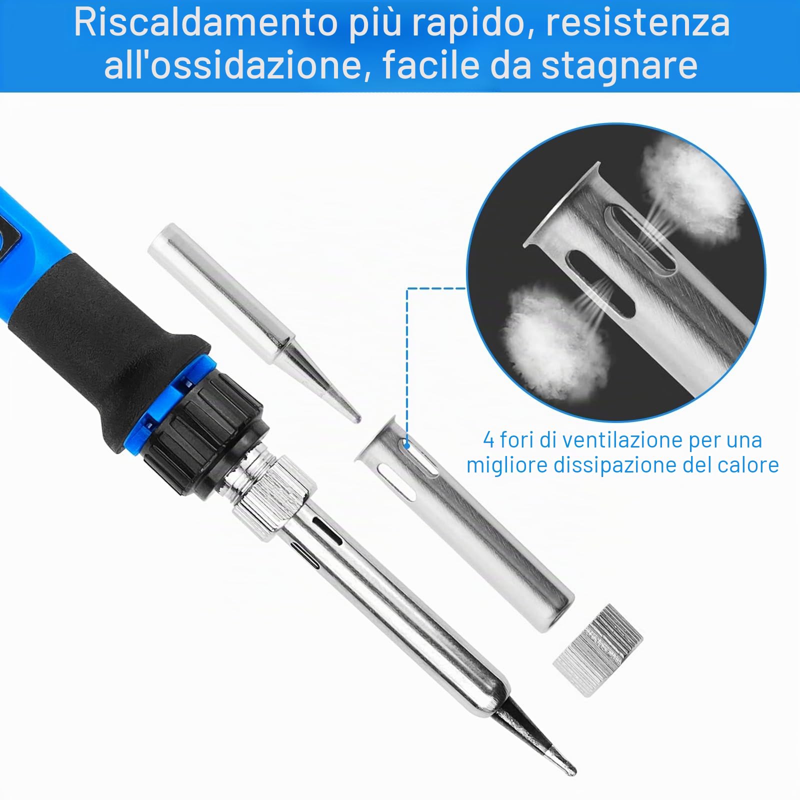 Saldatore a Stagno 80W con Display LED, Temperatura Regolabile 180-480°C, 5 Punte e Supporto