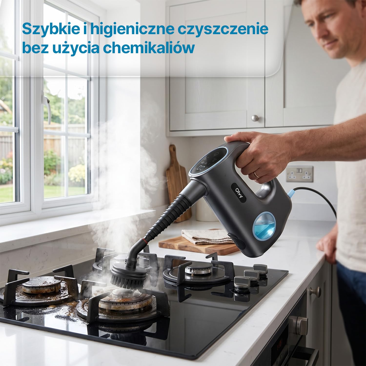 Olvy Ręczna myjka parowa 1200 W wysokociśnieniowa przenośna parownica z 3 poziomami pary i 10-częściowym zestawem akcesoriów, zbiornikiem 380 ml, do płytek domowych, mebli, kuchni i łazienki