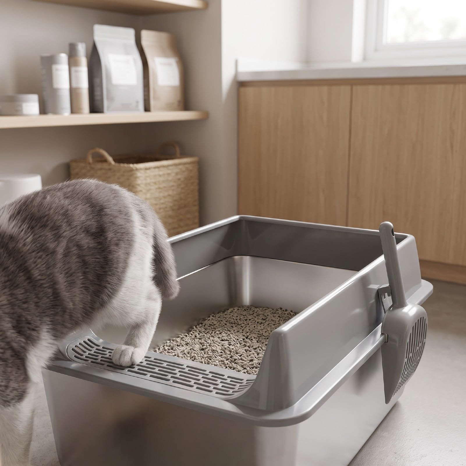 Luocute Bandeja de de Acero Inoxidable, Arenero Metálico Extra Grande con Laterales Altos de 20 Cm, Antiescape de Orina, Antiadherente, sin Olores, Fácil Limpieza, para Gatos Grandes,