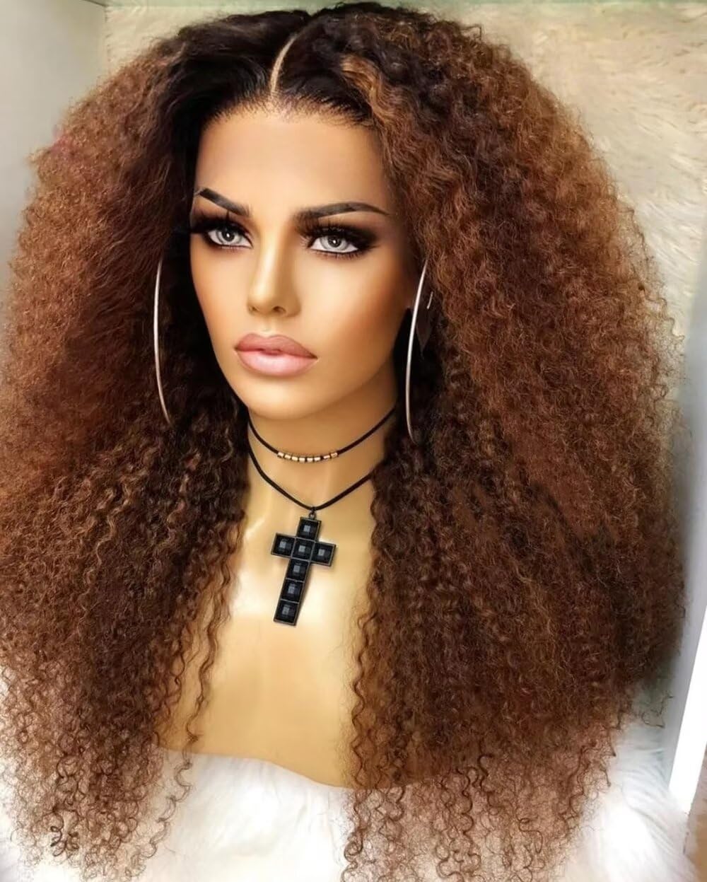 #1B/30 Ombre Brown Kinky Curly Glueless Wigs 180% Density Colored Deep Wave HD Transparent Lace Front Bleached Knots Cgocolate Brown Two Tone Brazilian Wig Pre Plucked Baby Hair 14Inch