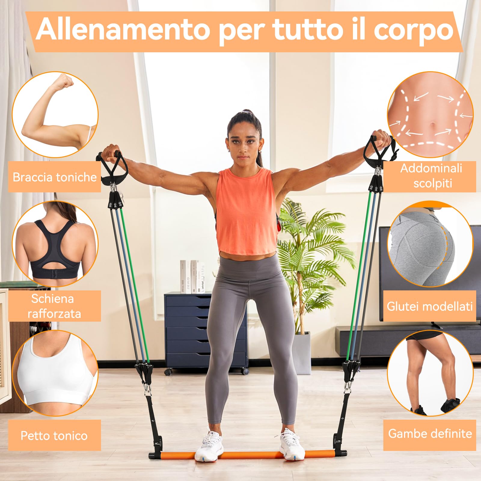 Pilates Bar Migliorato, Kit Pilates Bar di Hommie Con 6 Fasce di Resistenza Fitness (20/40/50 Lbs), Barra Pilates Fitness Staccabile Adatta per Esercizi Fitness, Yoga, Allenamento per Glutei Squat