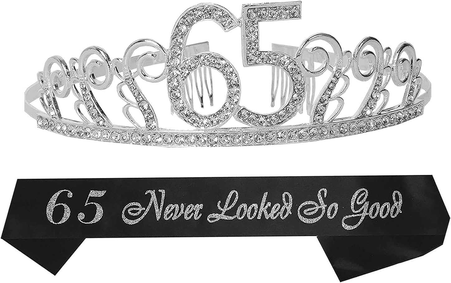 65th Birthday Sash and Tiara for Women - Fabulous Glitter Sash + Waves Rhinestone Silver Premium Metal Tiara for Her, 65th Birthday Gifts for 65 Party