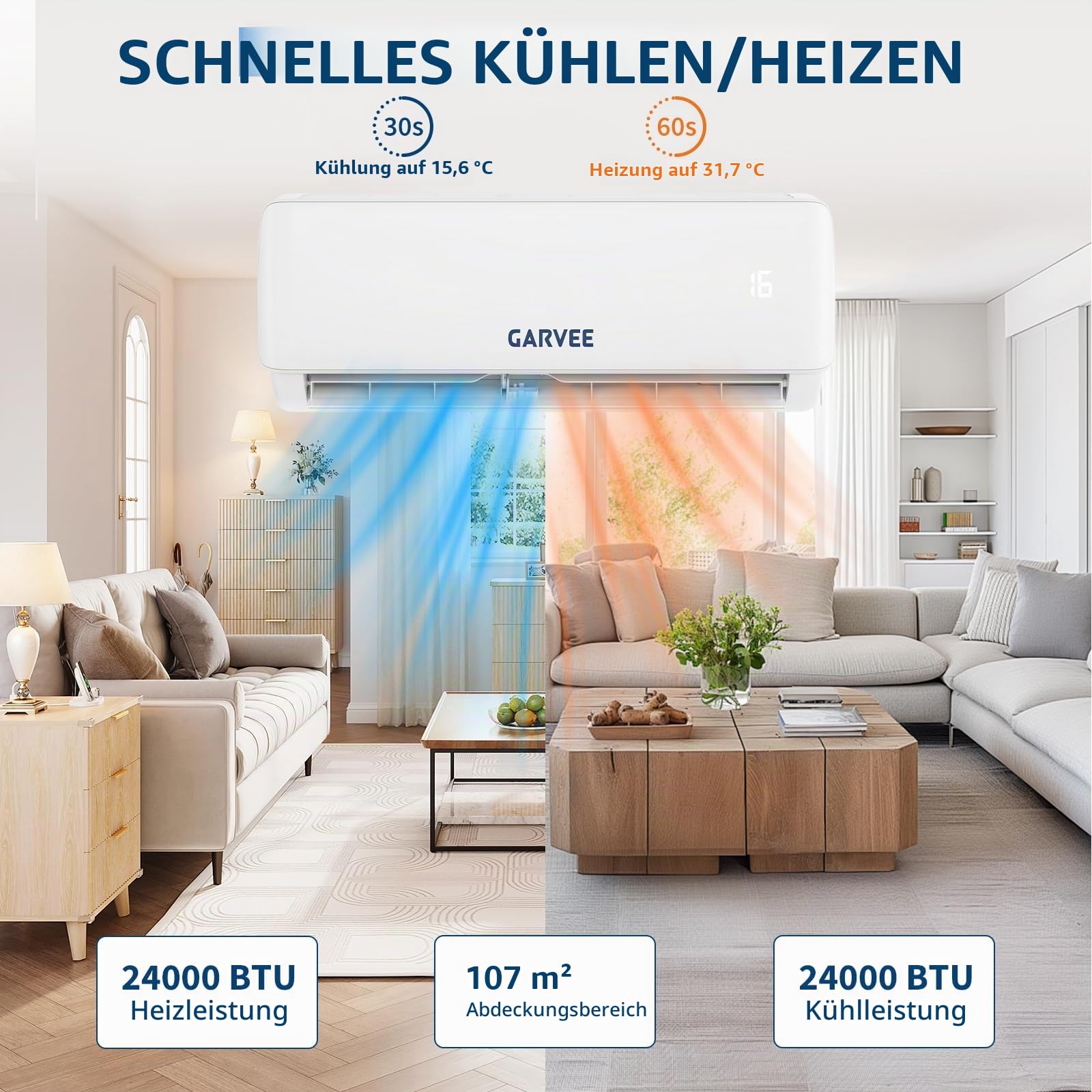 Fest installierte Split-Klimaanlage, 24kBTU,107m2,HKE,19dB, weiß