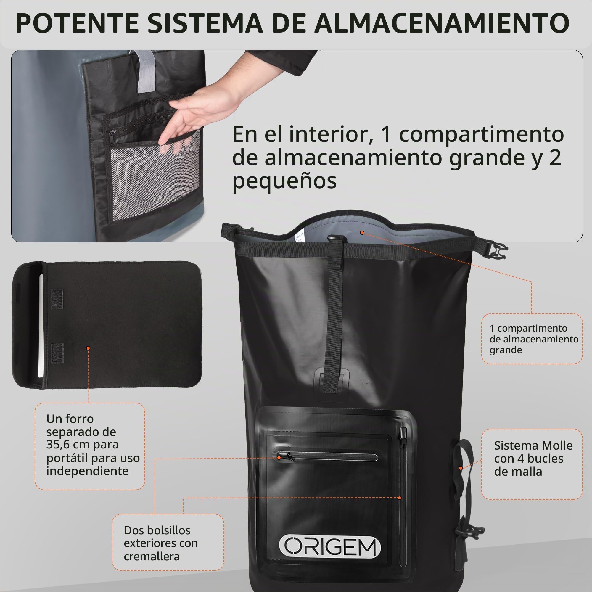 Origem Mochila impermeable, 35L/55L/85L rolltop waterproof backpack; bolsa estanca con inserción para ordenador & Espalda y tirantes acolchados para kayak, pesca, rafting, buceo o uso diario.