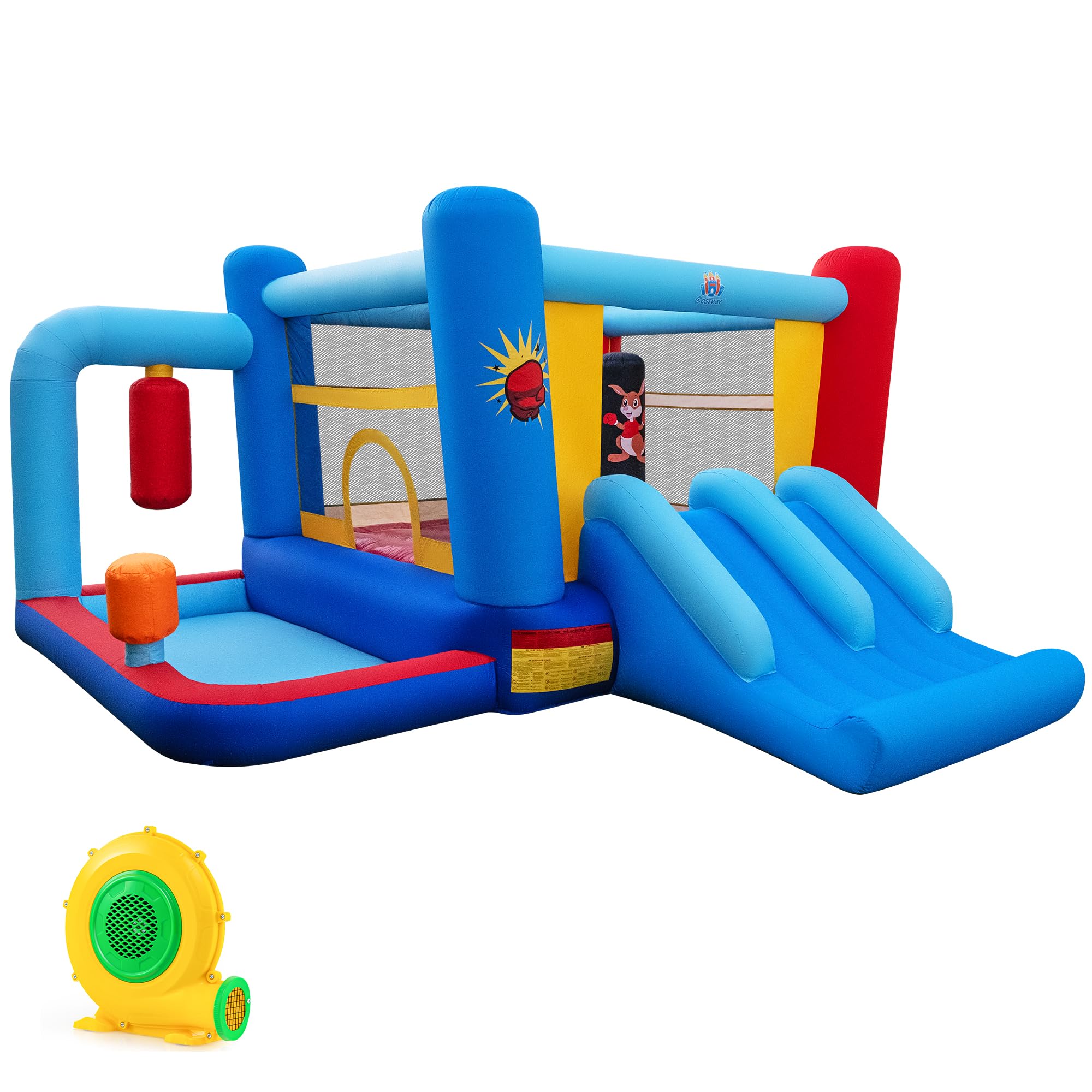 Giantex - Castillo hinchable para niños, exterior, con soplador, 550 W, parque acuático inflable con bolsas de golpeo, piscina, cesta de baloncesto, tobogán, para niños y niñas, 3-12 años, carga 90 kg
