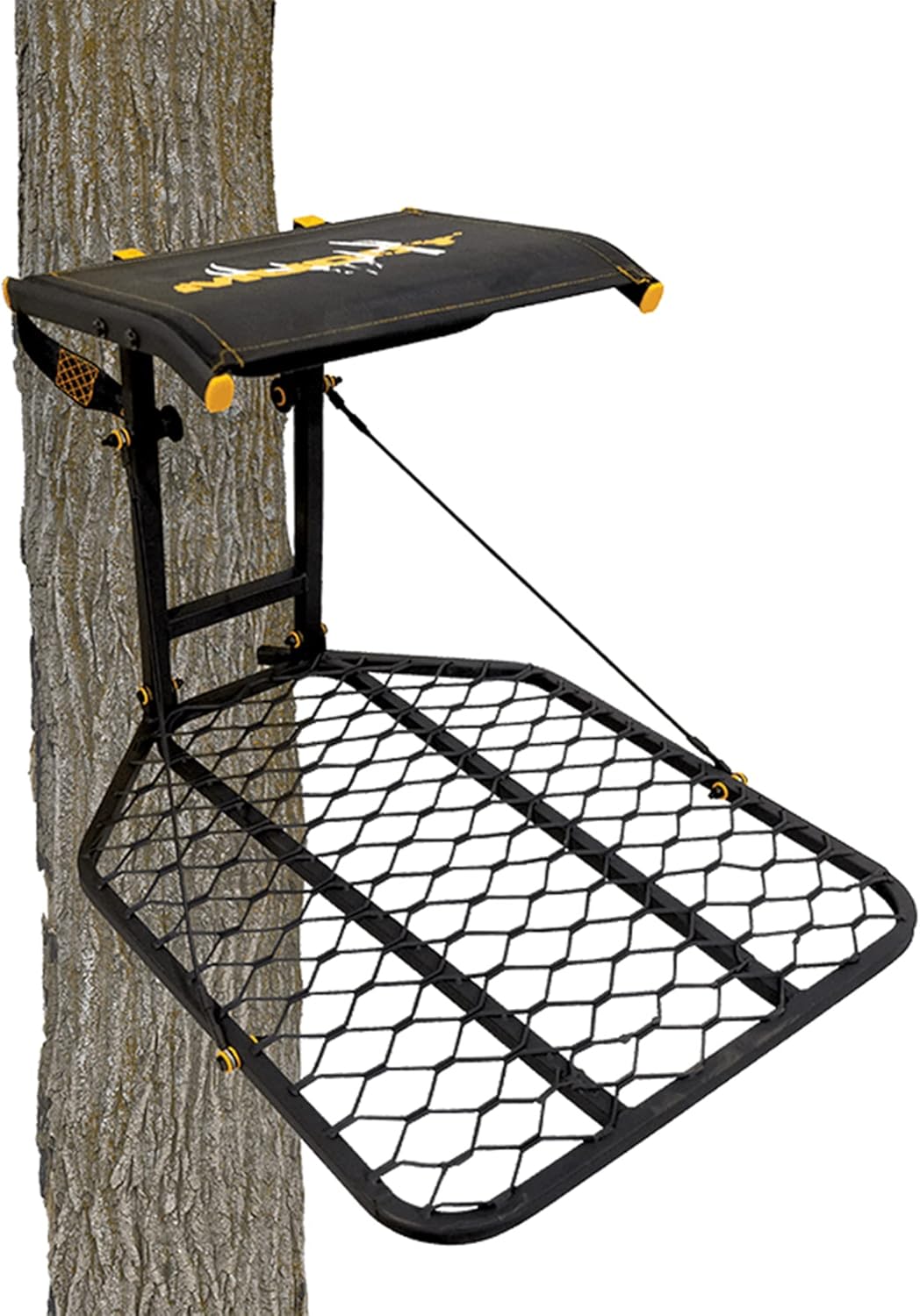 MUDDY The Boss Wide Stance Hang-On 1-Person Tree Stand Platform & Hawk Helium Set of 3 Hunting Portable Climbing Sticks with Fold-Up Steps