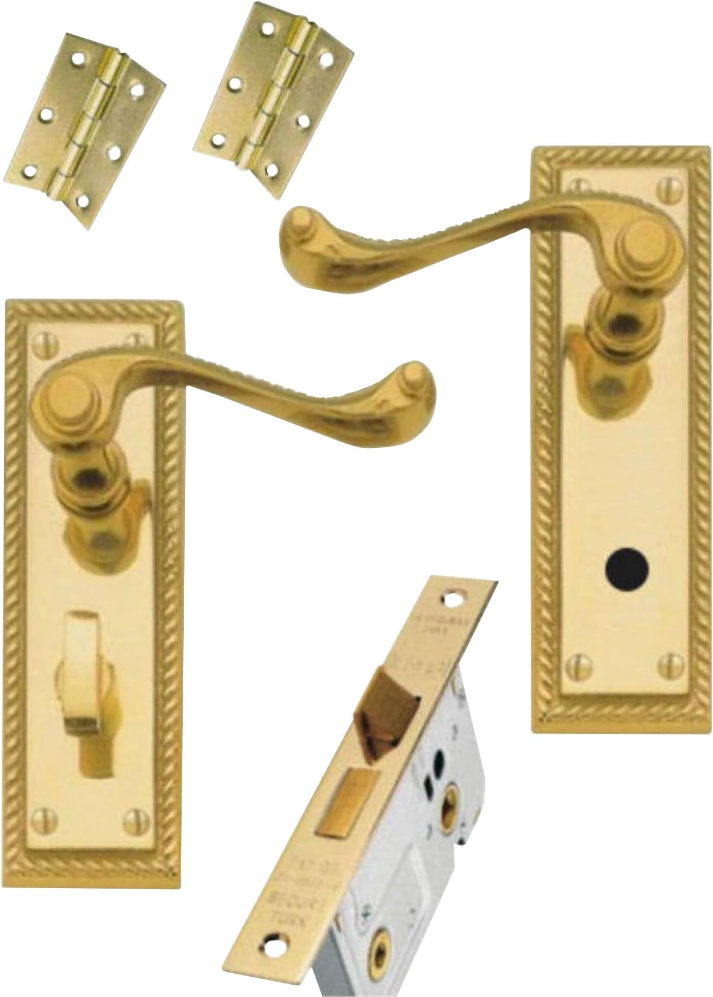 Interior Door Handle Set - Georgian Polished Brass Plate, External Door Handles & Internal Door Lever Lock, Bathroom Door Handles with Lock, Secure & Elegant (Bathroom Pack)