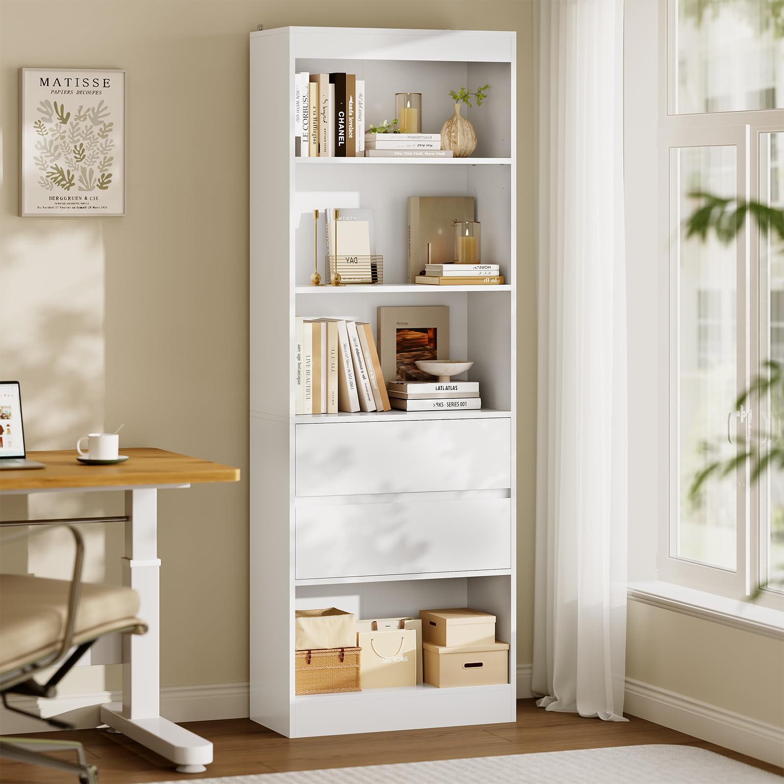 Bibliothèque, Meuble de Rangement avec 2 Grands Tiroirs et 4 Compartiments, Colonne Polyvalente avec Étagère Réglable, pour Salle de Bain, Salon, Cuisine,Facile à nettoyer, 180x60x24 CM,Blanc