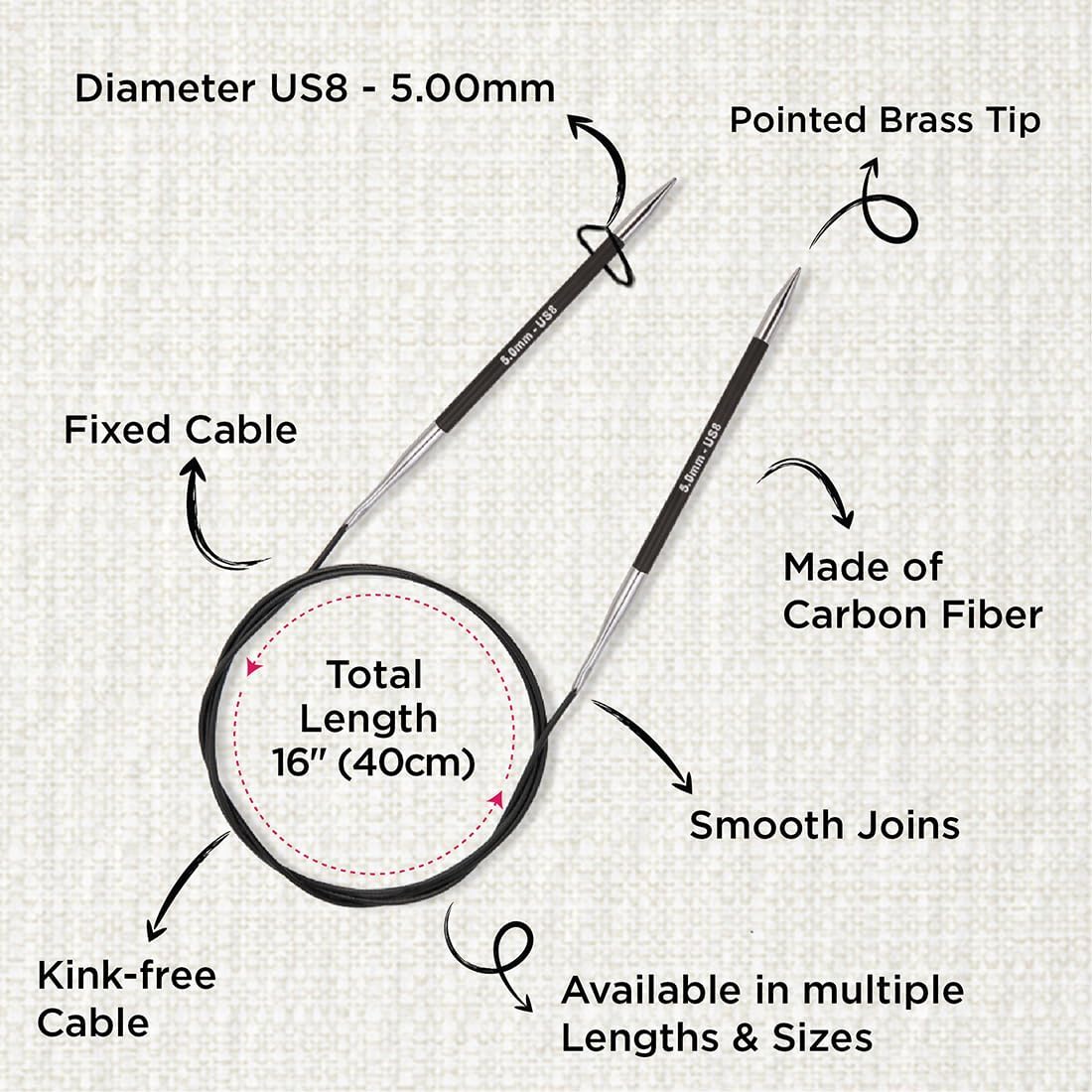 KnitPro Karbonz Fixed Circular Needle 16" (40cm) | US Size 8 (5mm)