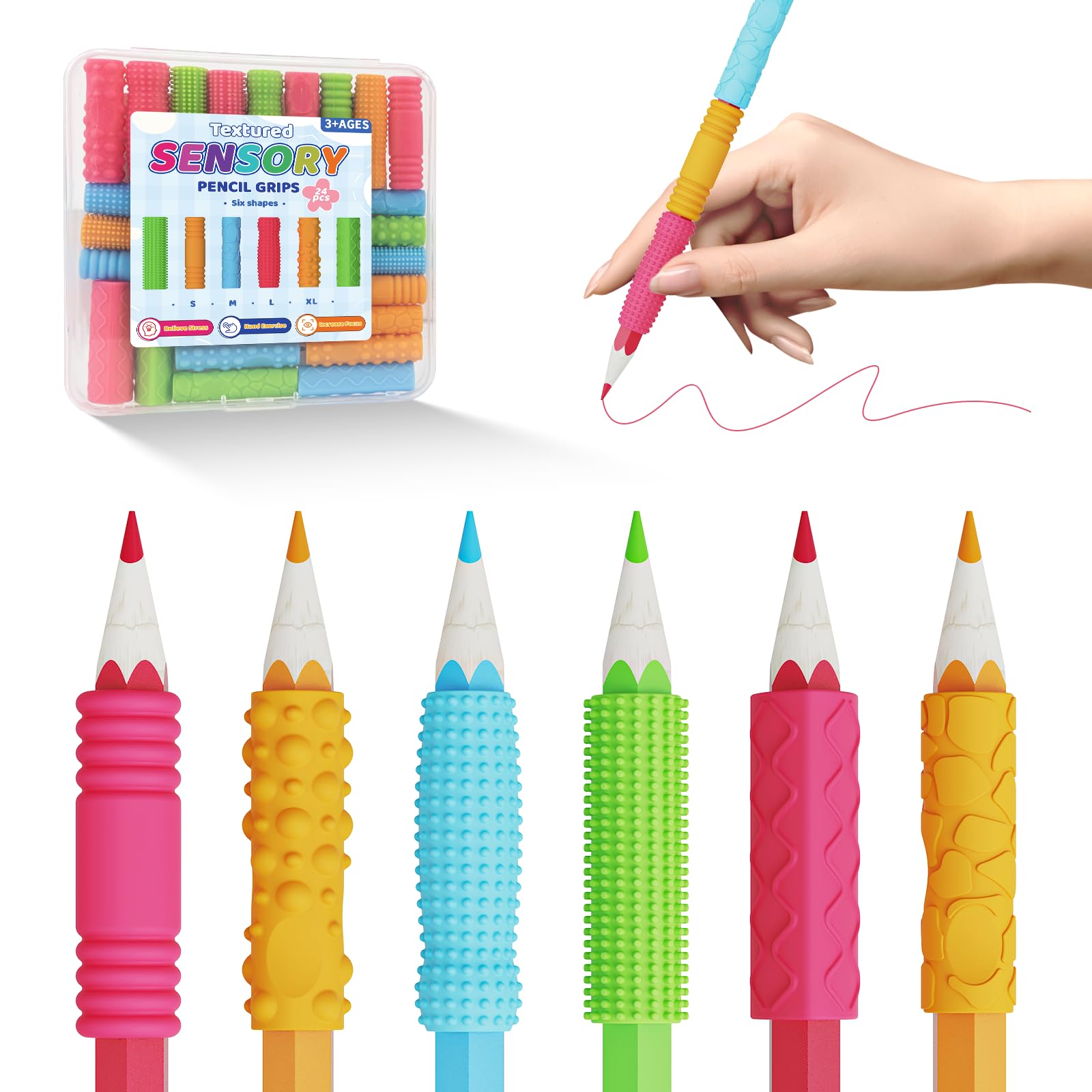 Sensory Textured Pencil Grips Fidget Toys, 24 Pack Four Sizes Silicone Pencil Grips for Kids Adults with Autism & ADHD Anxiety Relief, Quiet Handwriting Pencils Sleeve for Classroom School Office