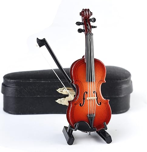 Miniatura 3 de Violín en miniatura de madera con soporte, arco y estuche, mini instrumento musical, réplica de violín, figuras coleccionables, accesorios de casa