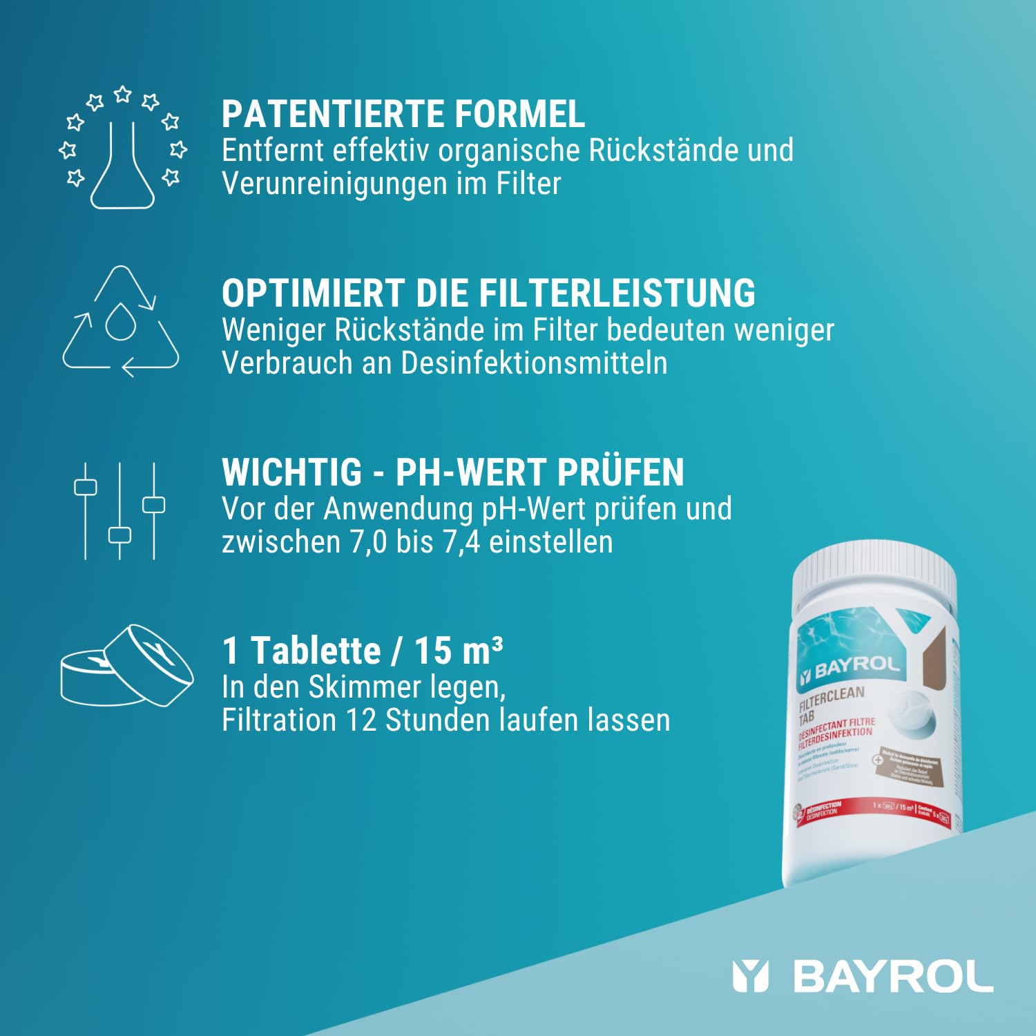 Bayrol Filterclean Tab 1 kg - Starkes Desinfektionsmittel für Filteranlagen mit Sand/Glas - Intensive Desinfektion des Filtermaterials - Filterreinigung und Filterdesinfektion, Weiss
