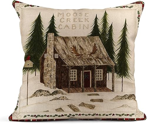 Miniatura 3 de rouihot Juego de 4 fundas cuadradas de lino para almohadones de 18 x 18 pulgadas, diseño de oso de alce, montaña, decoración del hogar, fundas de