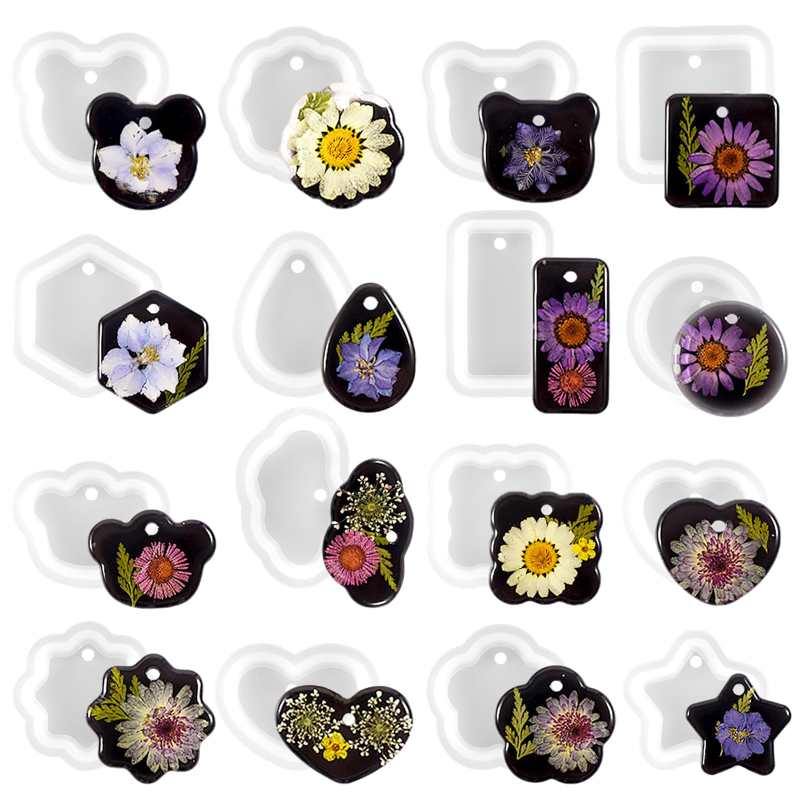 16 moldes de resina para joyas, moldes de resina de silicona, moldes de resina con agujero para colgar, corazón, estrella, geométrico, rectangular, cuadrado, redondo, epoxi, collar, joyería, molde